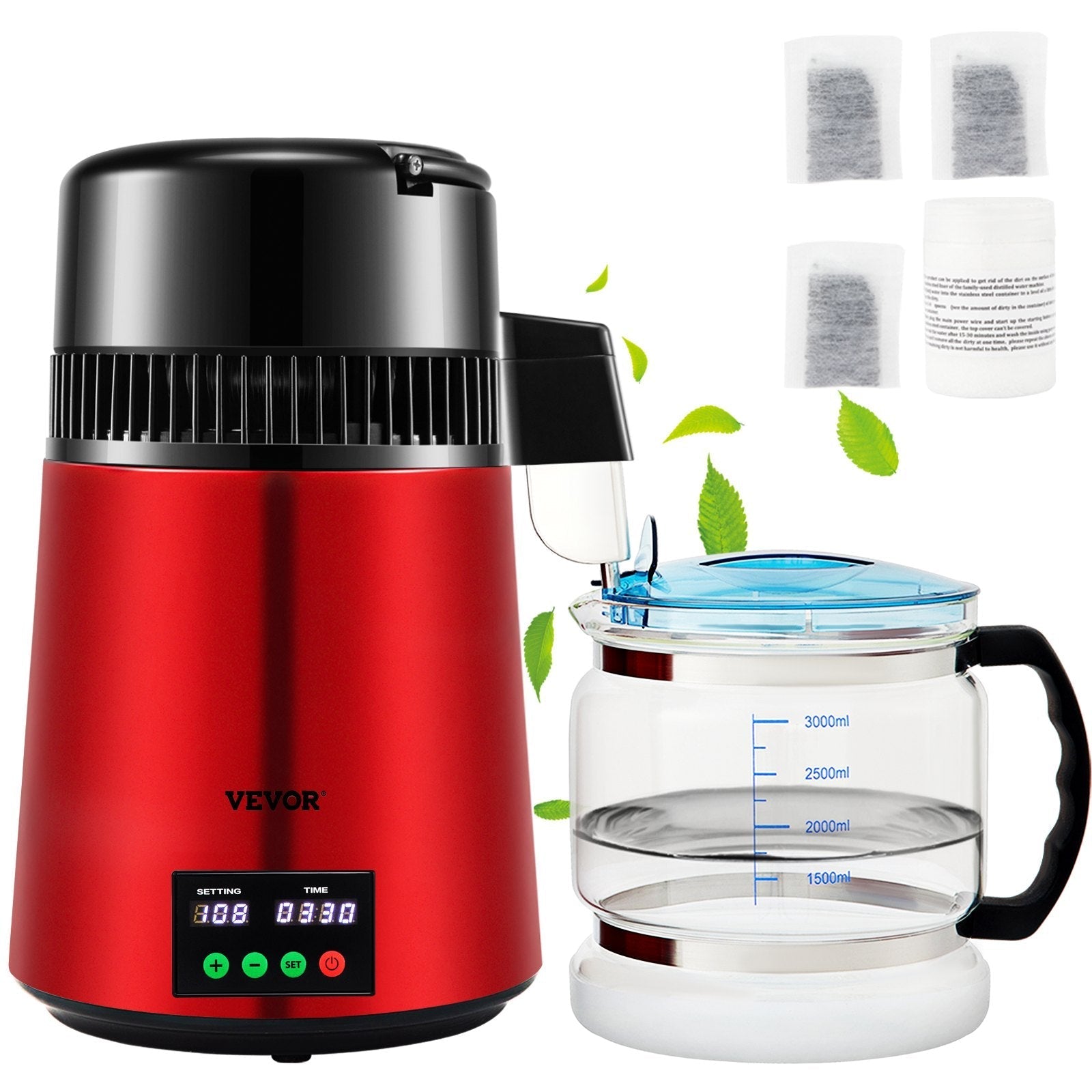 VEVOR 1.1Gal Water Distiller, 0.3Gal/H, 750W Distilled Water Maker Machine 0-99H Timing Set Temp Display, 304 Stainless Steel Countertop Distiller Glass Carafe Cleaning Powder 3 Carbon Packs, Red