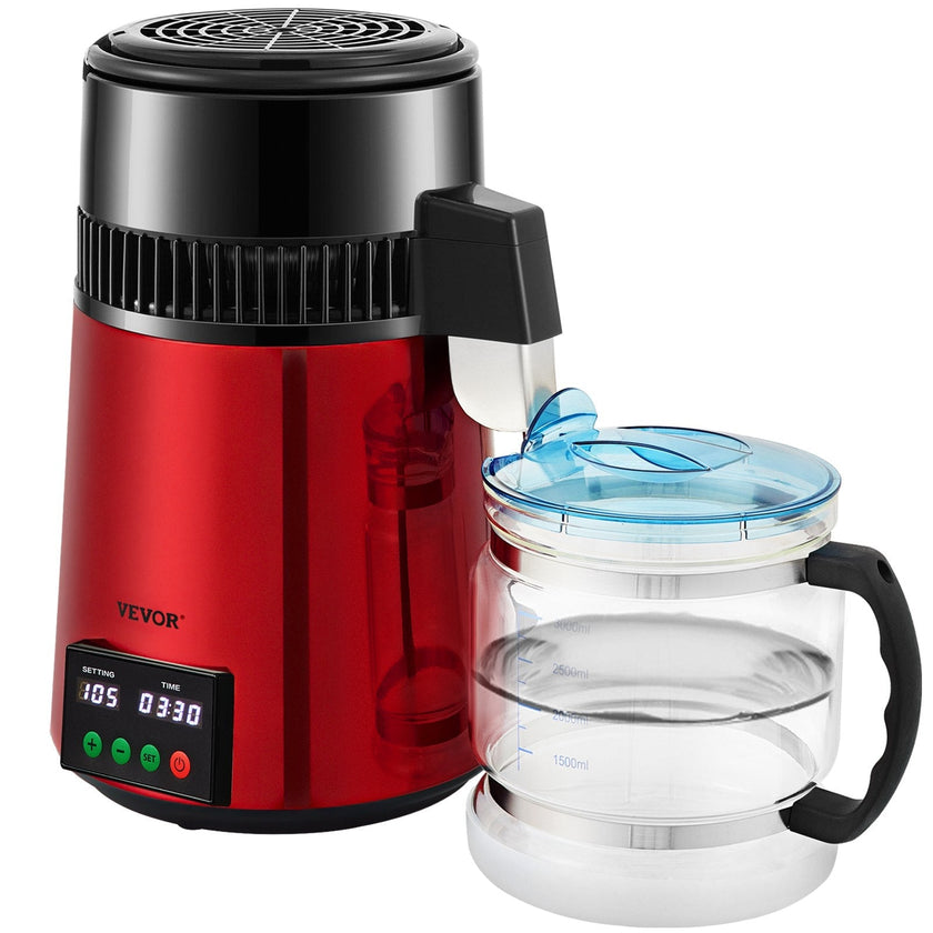 VEVOR 1.1Gal Water Distiller, 0.3Gal/H, 750W Distilled Water Maker Machine 0-99H Timing Set Temp Display, 304 Stainless Steel Countertop Distiller Glass Carafe Cleaning Powder 3 Carbon Packs, Red