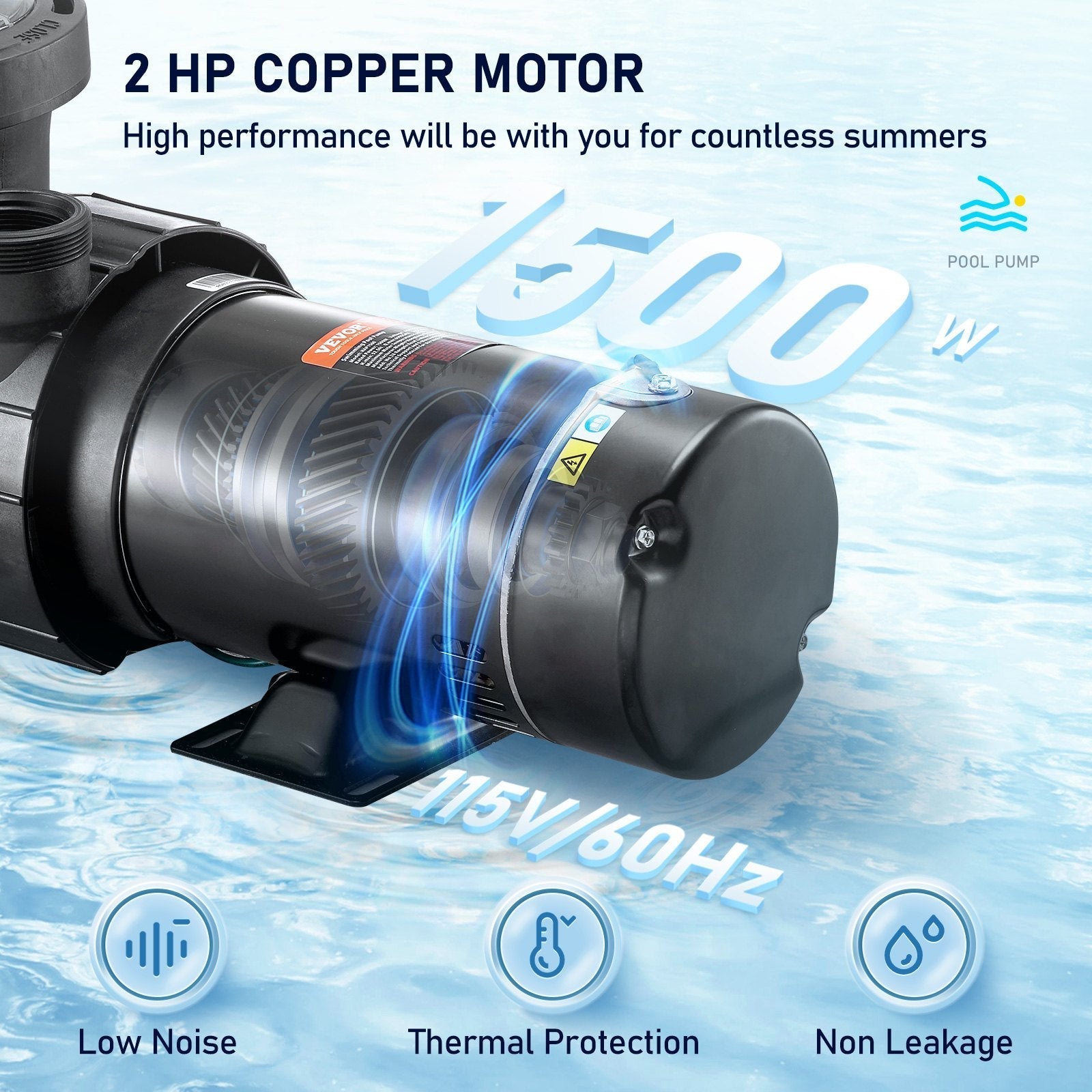 VEVOR Swimming Pool Pump, 2 HP 115 V, 1500 W Speed Pump for Above Ground Pool w/ Strainer Basket, 5400 GPH Max. Flow, Certification of ETL for Security