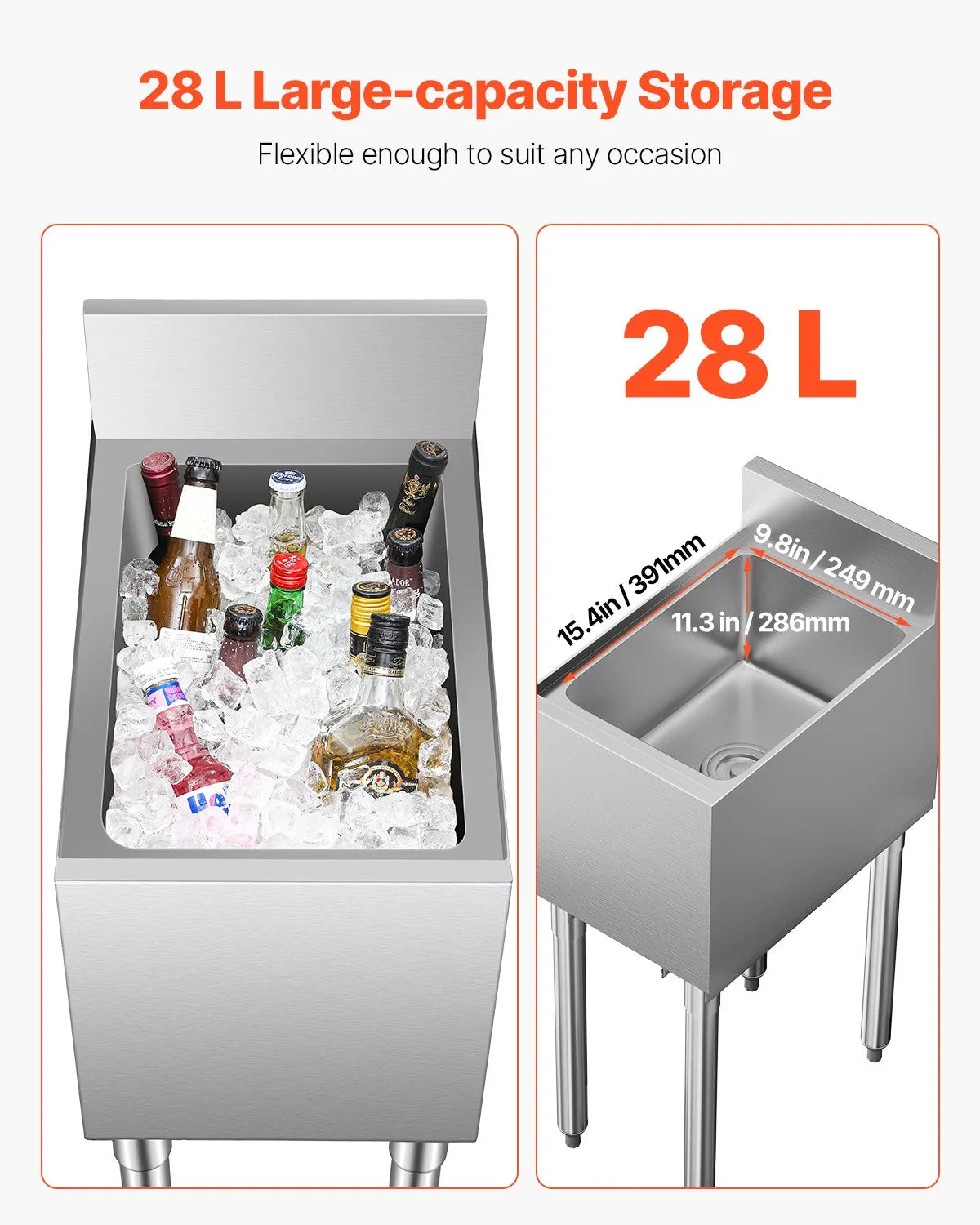 VEVOR Commercial Ice Bin 28 L Underbar Ice Bin with Sliding Lid Bottle Holders