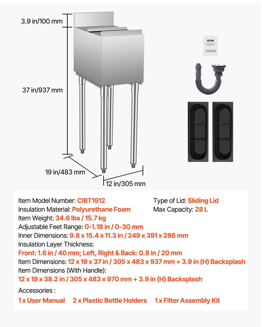 VEVOR Commercial Ice Bin 28 L Underbar Ice Bin with Sliding Lid Bottle Holders