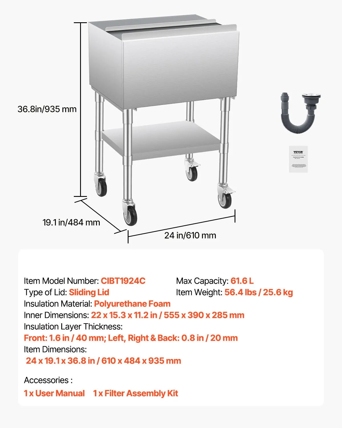 VEVOR Commercial Ice Bin 61.6 L Ice Chest on Wheels with Bottom Storage Tray