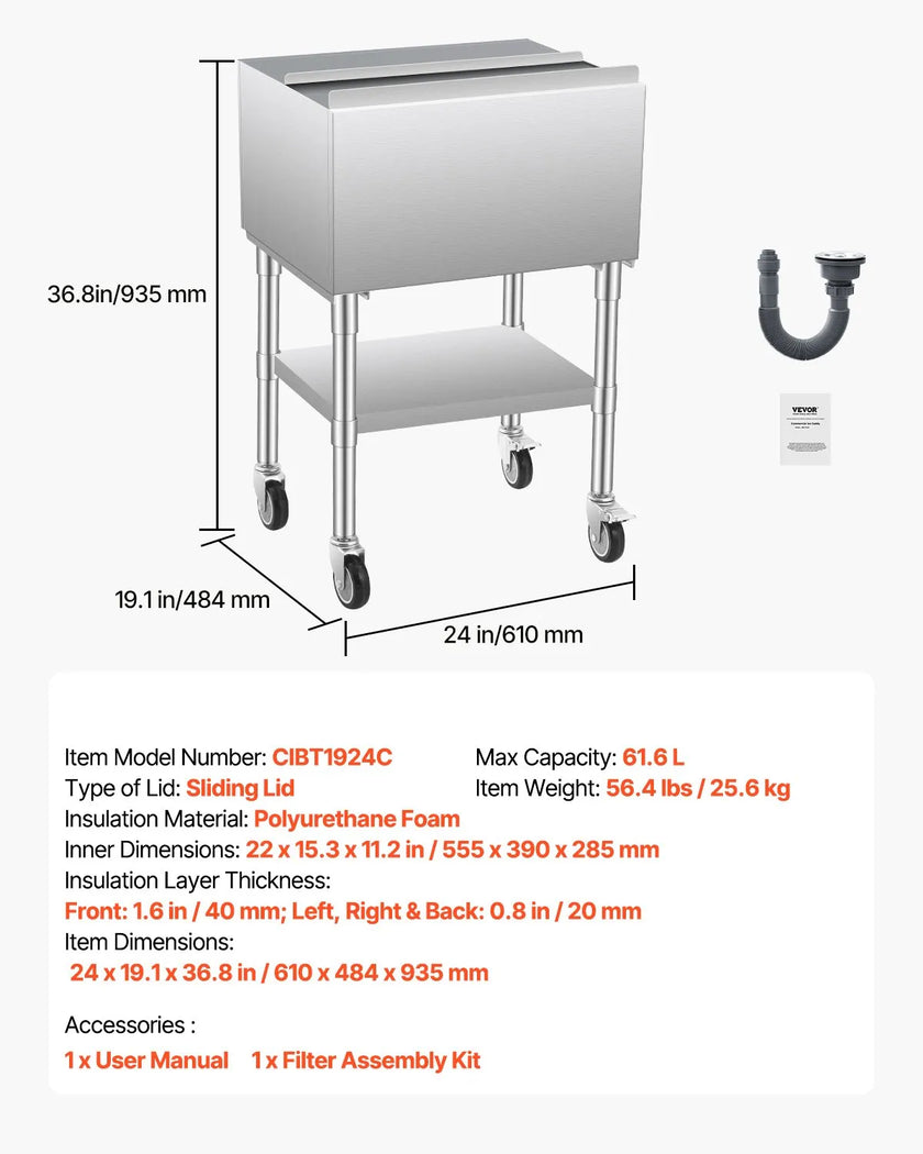 VEVOR Commercial Ice Bin 61.6 L Ice Chest on Wheels with Bottom Storage Tray