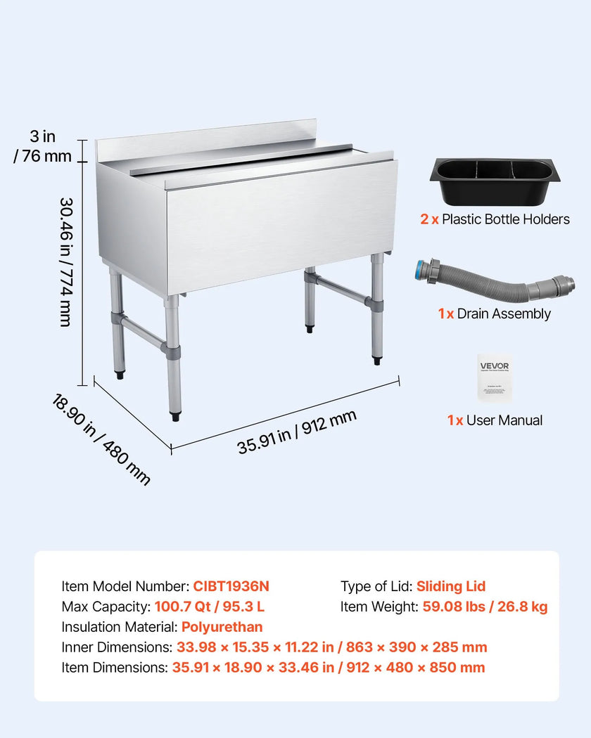 Commercial Ice Bin – 100.7 Qt Stainless Steel Underbar Ice Chest with Sliding Lid – NSF Certified