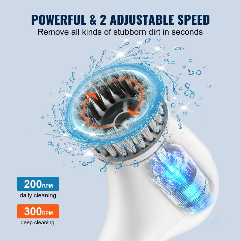 VEVOR Electric Spin Scrubber, Cordless Electric Cleaning Brush with Auto Detergent Dispenser & 2 Adjustable Speeds, Portable Power Shower Scrubber with 5 Replaceable Brush Heads for Bathroom, Tub