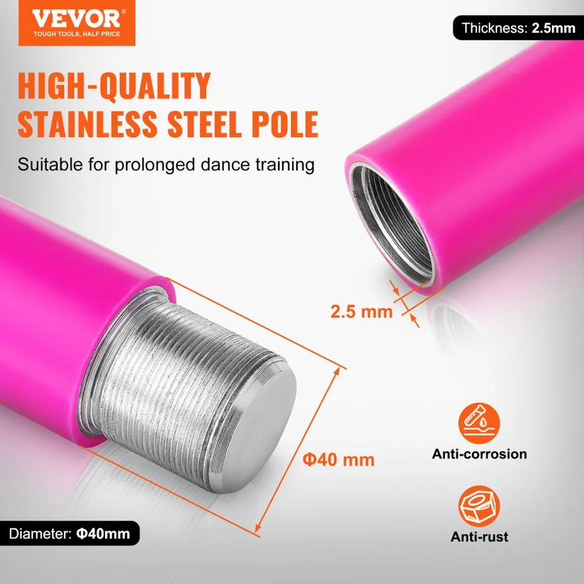 VEVOR Professional Dancing Pole, Spinning Static Dancing Pole Kit, Portable Removable Pole, 40mm Heavy-Duty Stainless Steel Pole, Height Adjustable Fitness Pole, for Exercise Home Club Gym, Pink