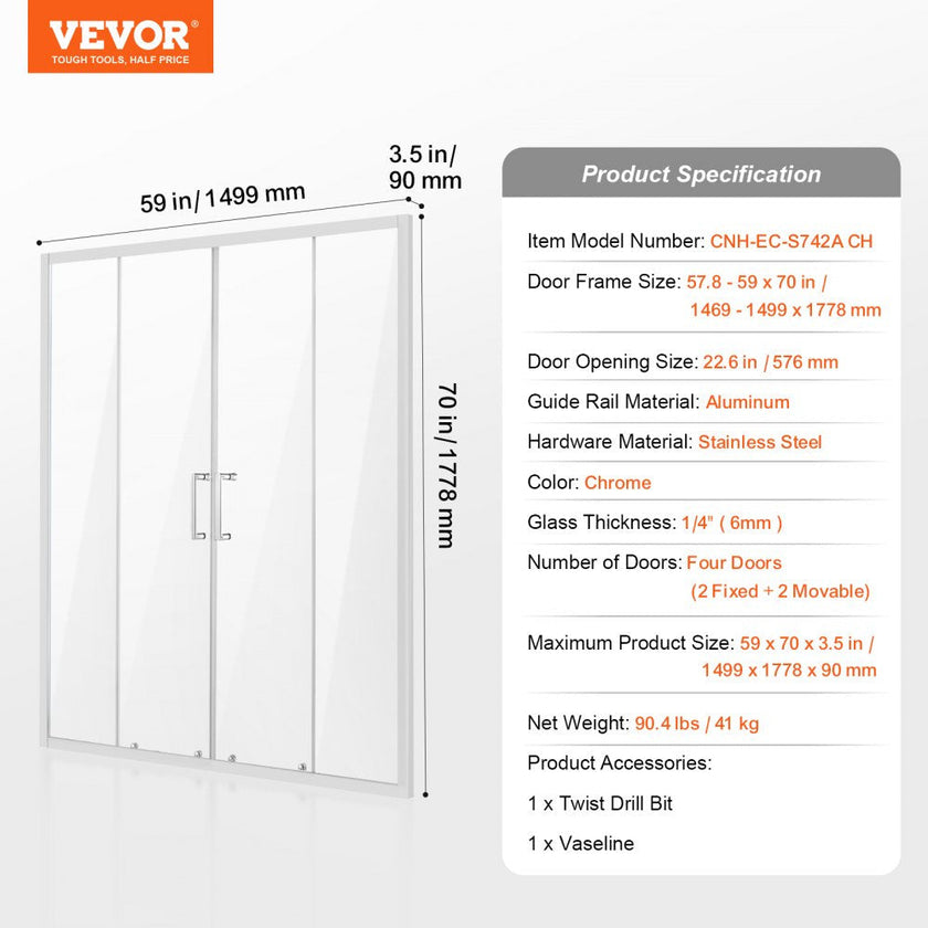 VEVOR Semi-frameless Double Sliding Shower Door SGCC Tempered Glass 1/4