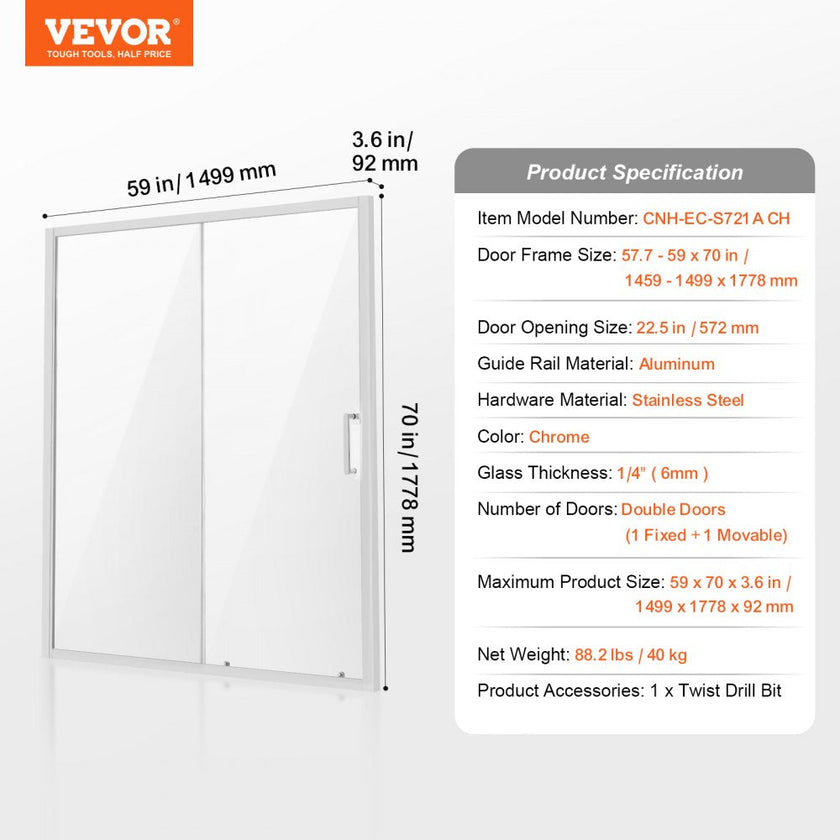 VEVOR Semi-frameless Shower Door 57.7-59