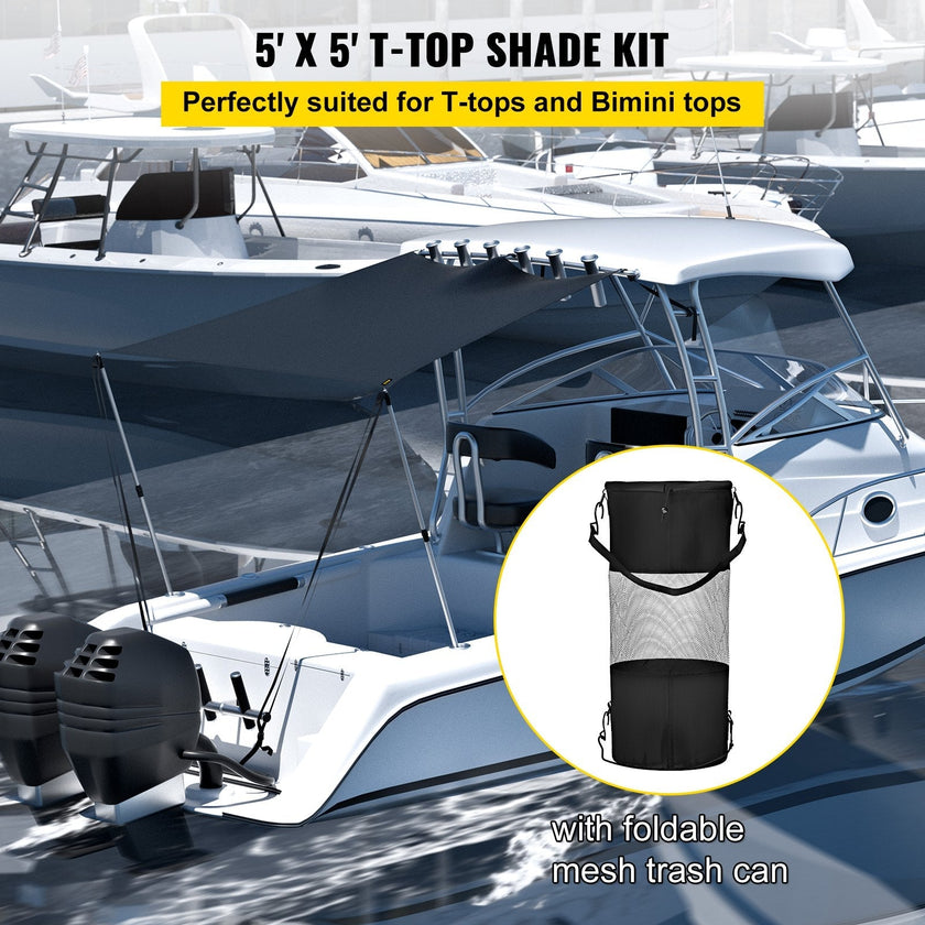 VEVOR T-Top Sun Shade Kit 5' x 5', UV-Proof 600D Polyester T-top Extension Kit with Rustproof Steel Telescopic Poles, Waterproof T-Top Shade Kit, Easy to Assemble for T-Tops ? Bimini Top