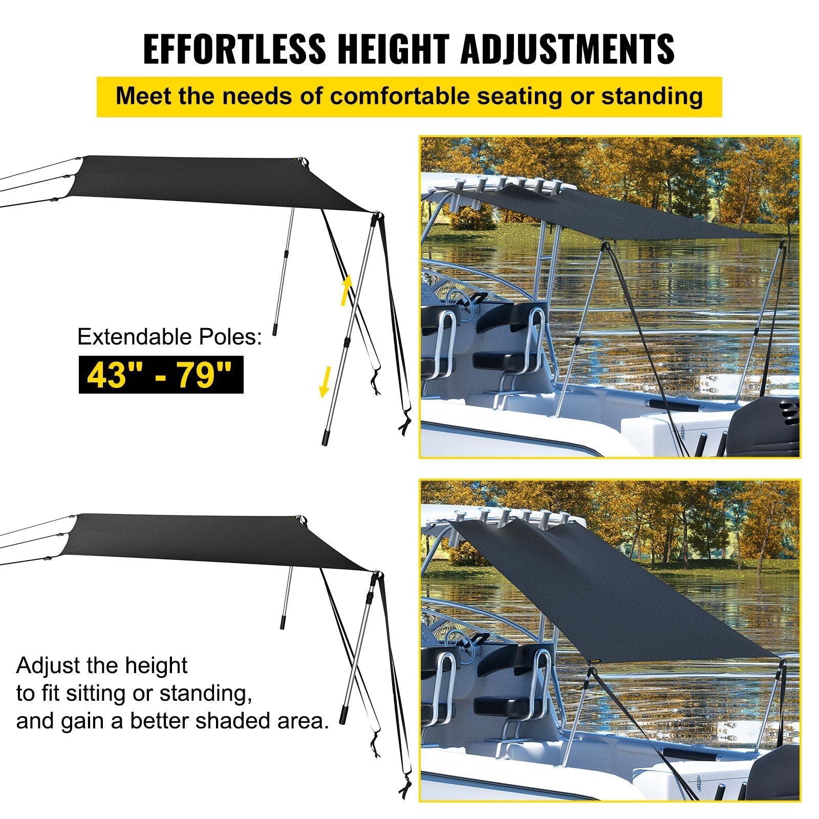 VEVOR T-Top Sun Shade Kit 6' x 5', UV-Proof 600D Polyester T-top Extension Kit with Rustproof Steel Telescopic Poles, Waterproof T-Top Shade Kit, Easy to Assemble for T-Tops ? Bimini Top