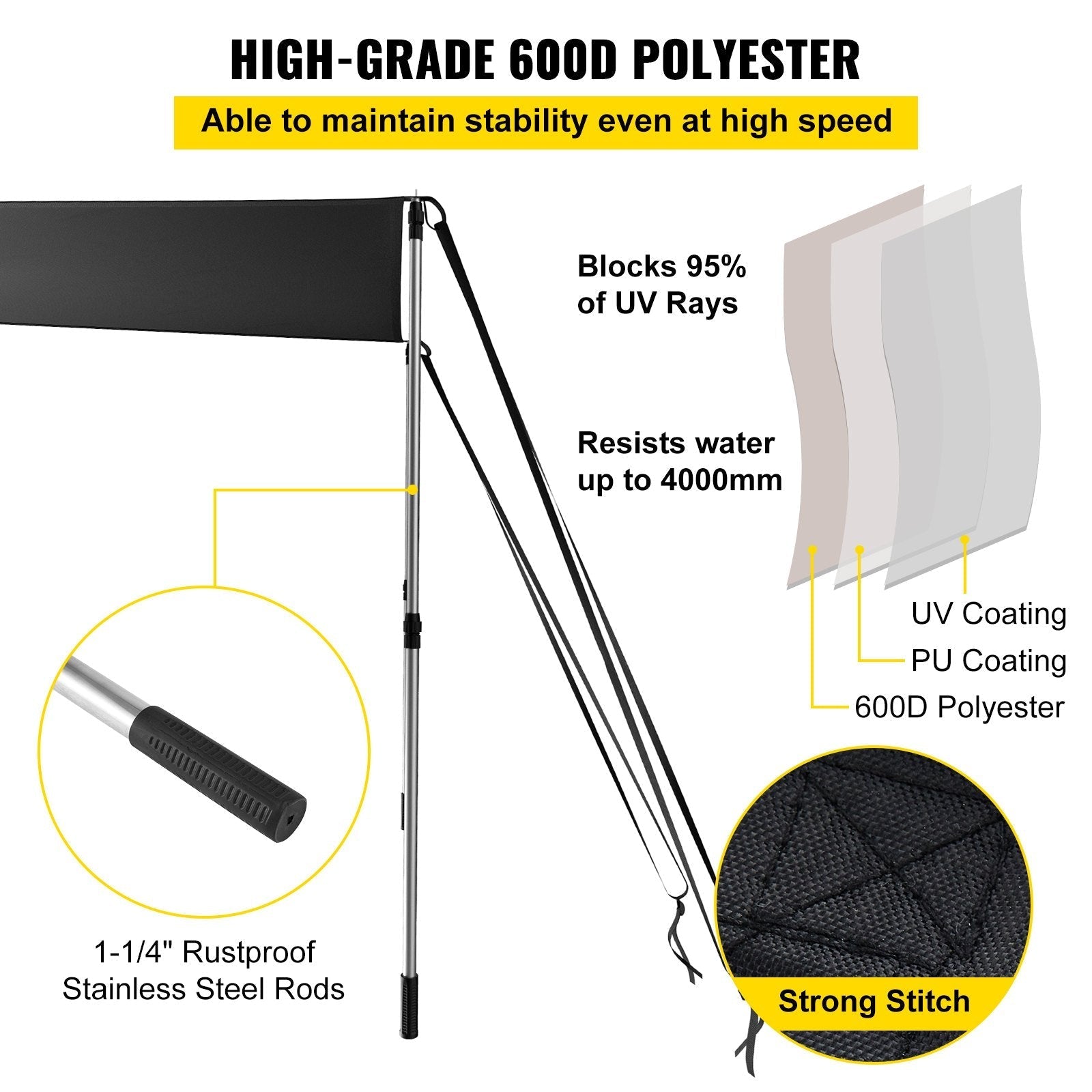 VEVOR T-Top Sun Shade Kit 4\' x 5\', UV-Proof 600D Polyester T-top Extension Kit with Rustproof Steel Telescopic Poles, Waterproof T-Top Shade Kit, Easy to Assemble for T-Tops ? Bimini Top