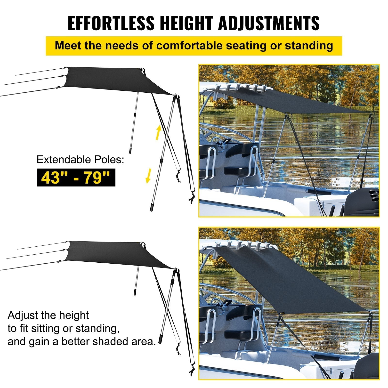 VEVOR T-Top Sun Shade Kit 4\' x 5\', UV-Proof 600D Polyester T-top Extension Kit with Rustproof Steel Telescopic Poles, Waterproof T-Top Shade Kit, Easy to Assemble for T-Tops ? Bimini Top