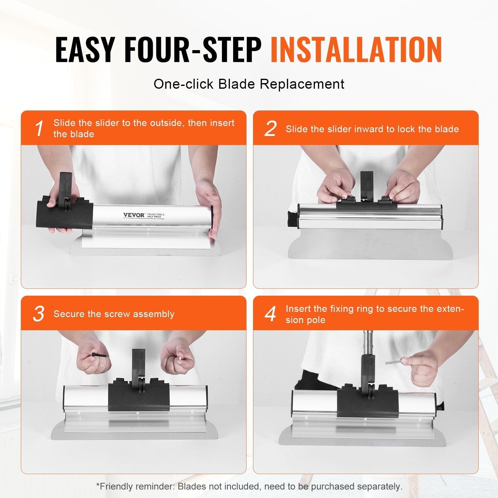 VEVOR Drywall Skimming Kit, Handle + Fixator Smoothing Knife Accessory, Professional Skim Coat Tools For Drywall, Wipe/Drywall Knife, for Gyprock / WallBoard / Plasterboard (No Blade)