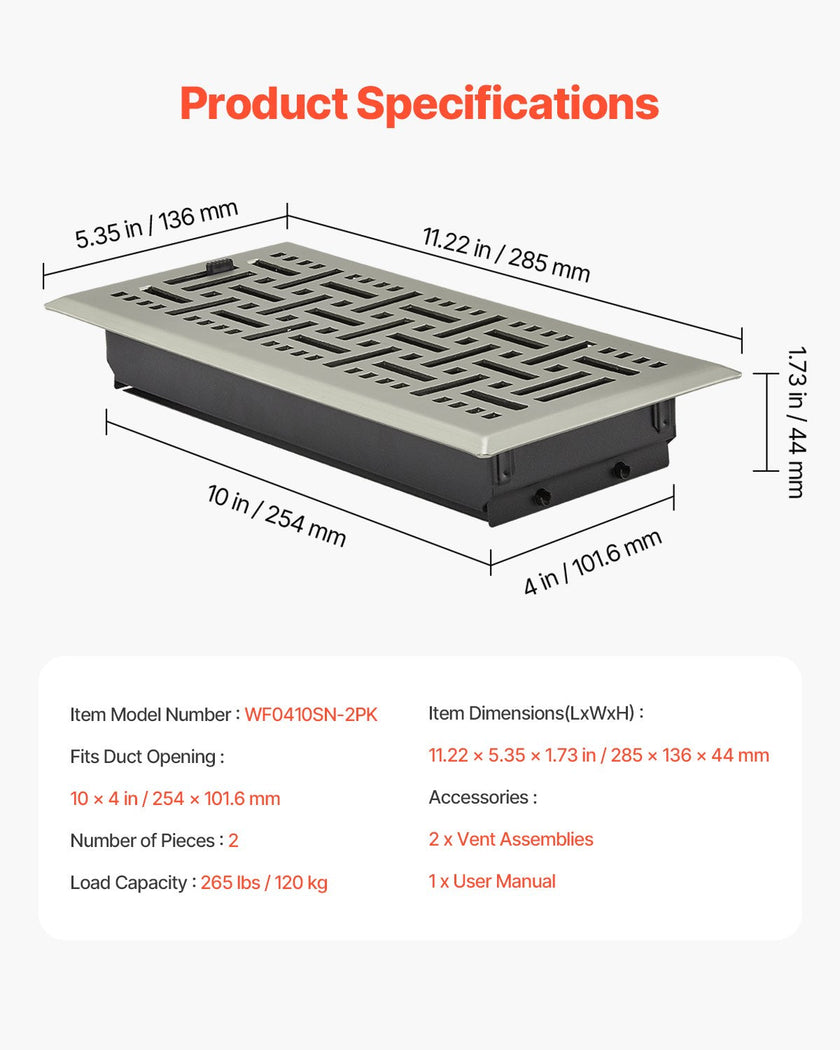 VEVOR Floor Registers 4x10 Inch 2-Pack Iron Floor Vents for HVAC Nickel-Plated