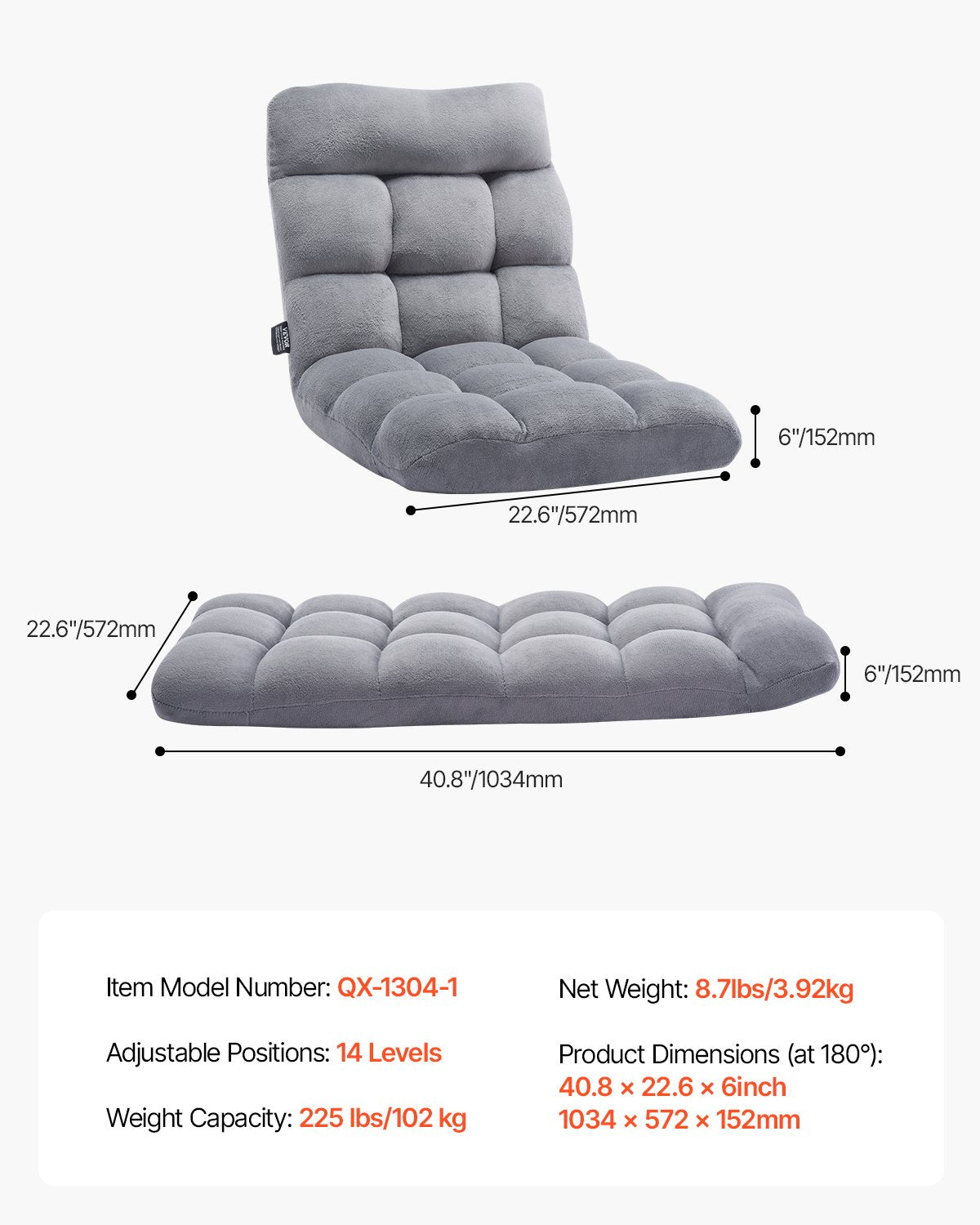 VEVOR Floor Chair with Back Support Folding Sofa Chair 14 Adjustable Positions