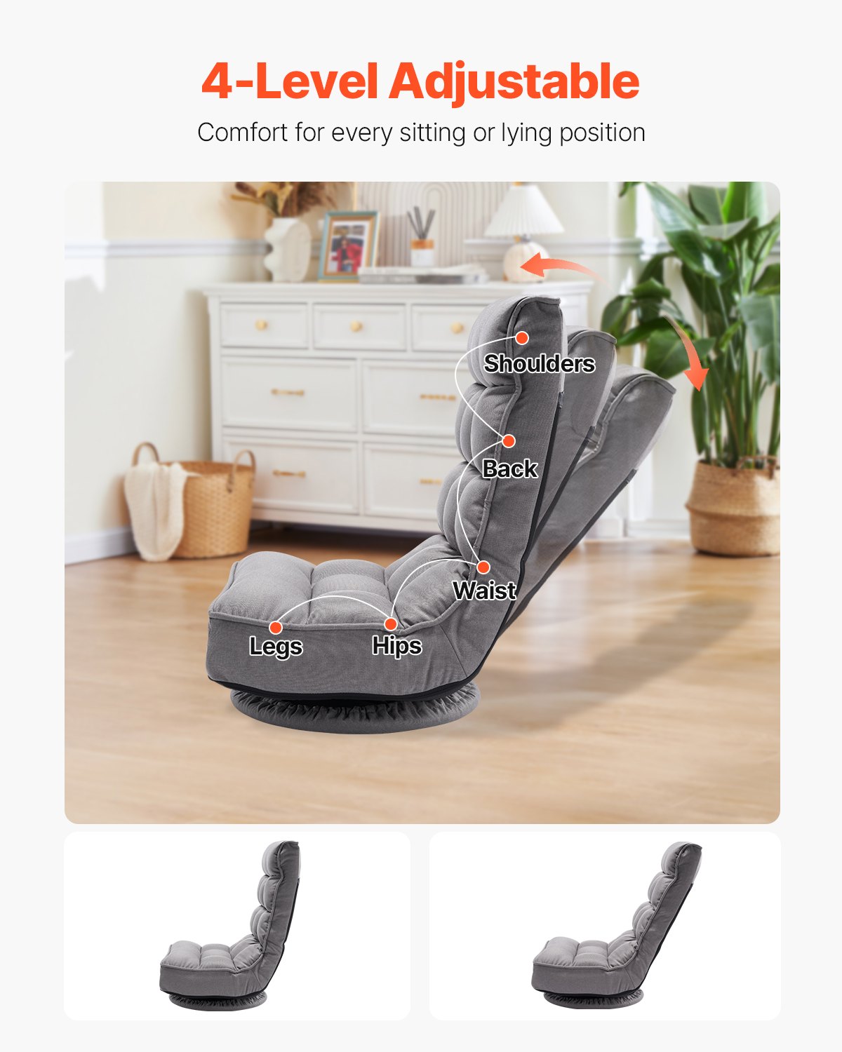VEVOR 360° Swivel Floor Gaming Chair with 4 Adjustable Position Folding Chair