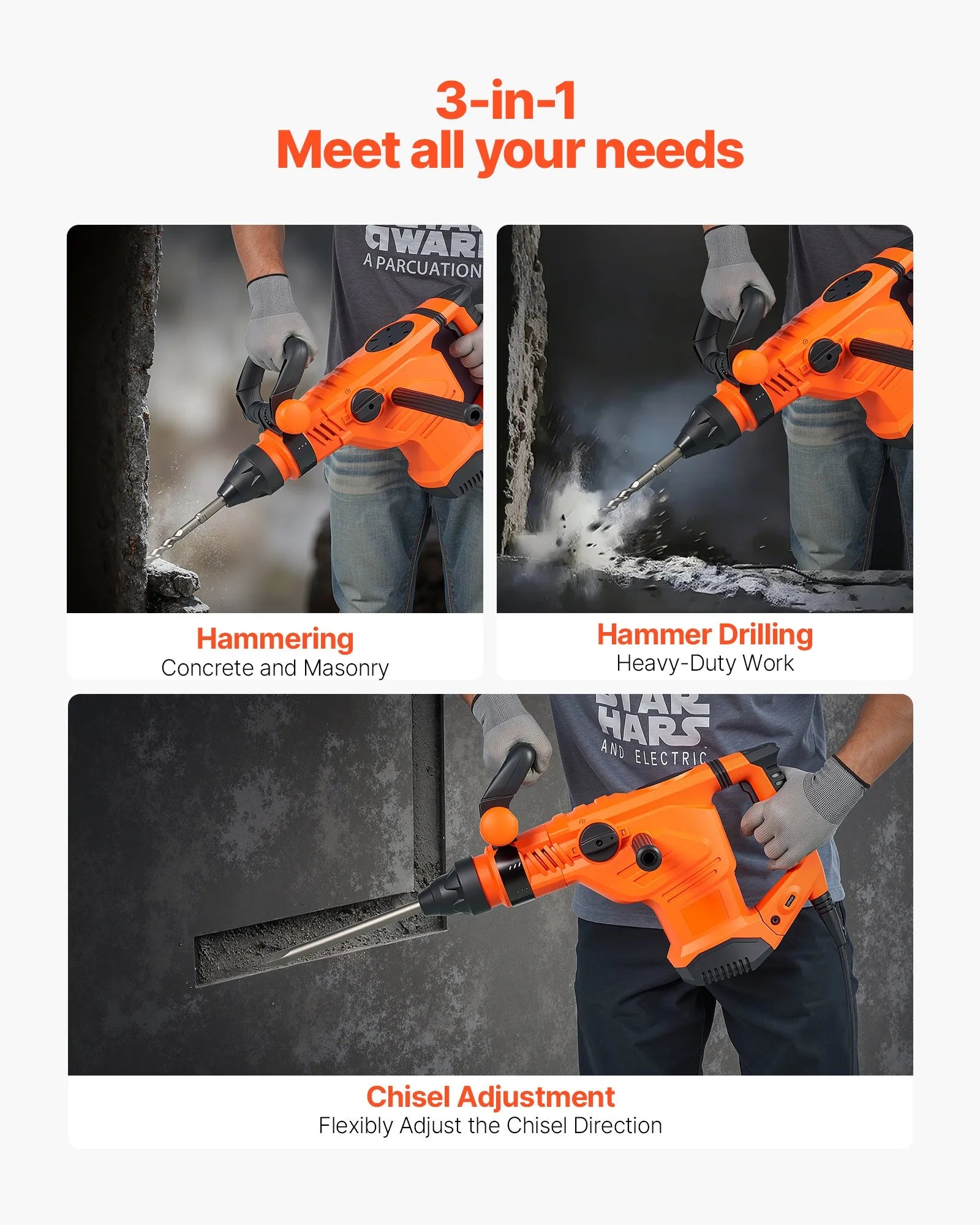VEVOR SDS-Max 2-Inch Corded Rotary Hammer Drill Kit 1600W 350RPM 3 Functions