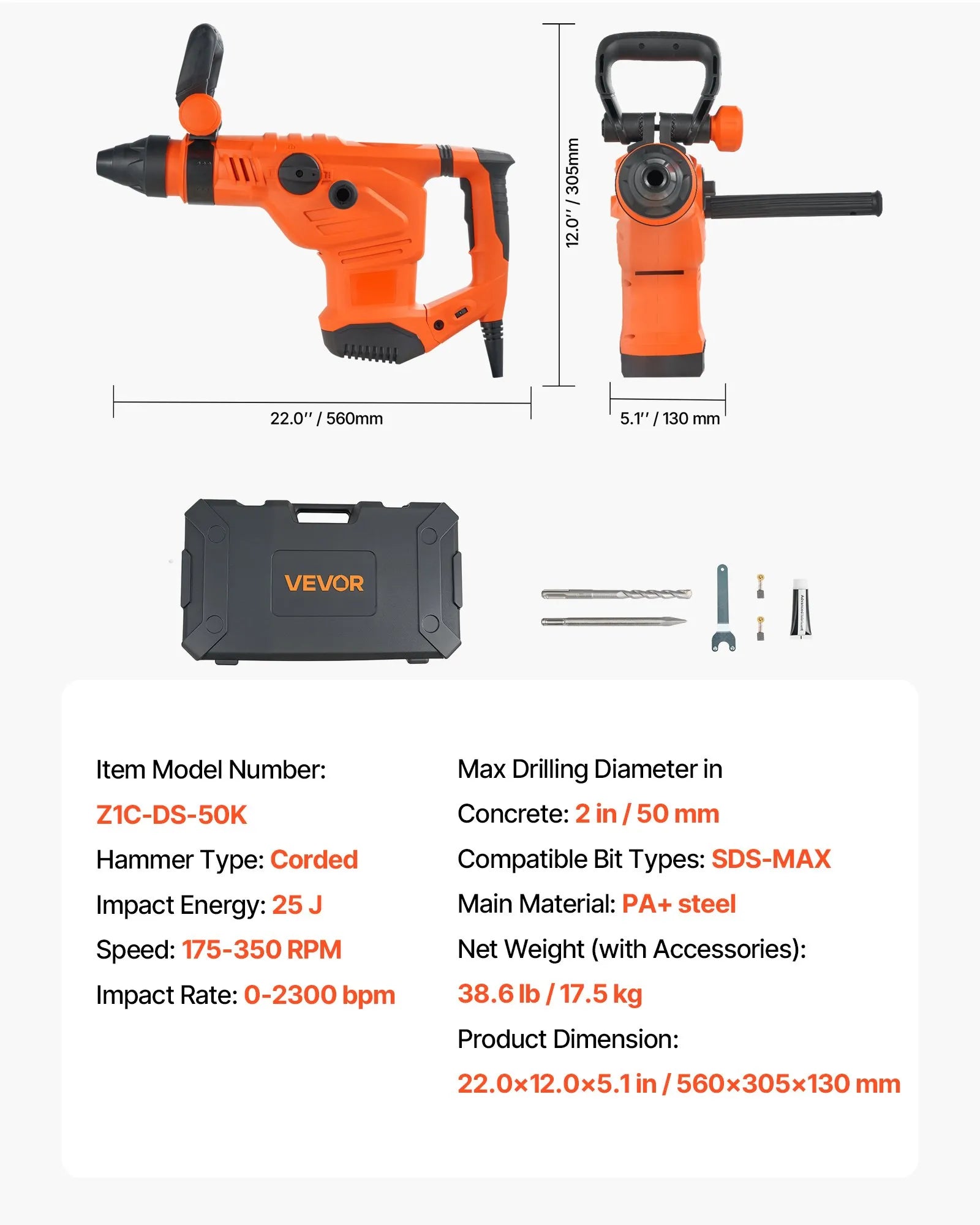 VEVOR SDS-Max 2-Inch Corded Rotary Hammer Drill Kit 1600W 350RPM 3 Functions
