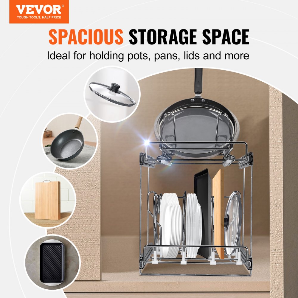 VEVOR Pan and Pot Rack, 2-Tier Expandable Pull Out Under Cabinet Organizer, Cookie Sheet Baking Pans Tray Racks, Adjustable Wire Dividers, Steel Lid Holder for Kitchen Cabinet & Pantry Storage, 12