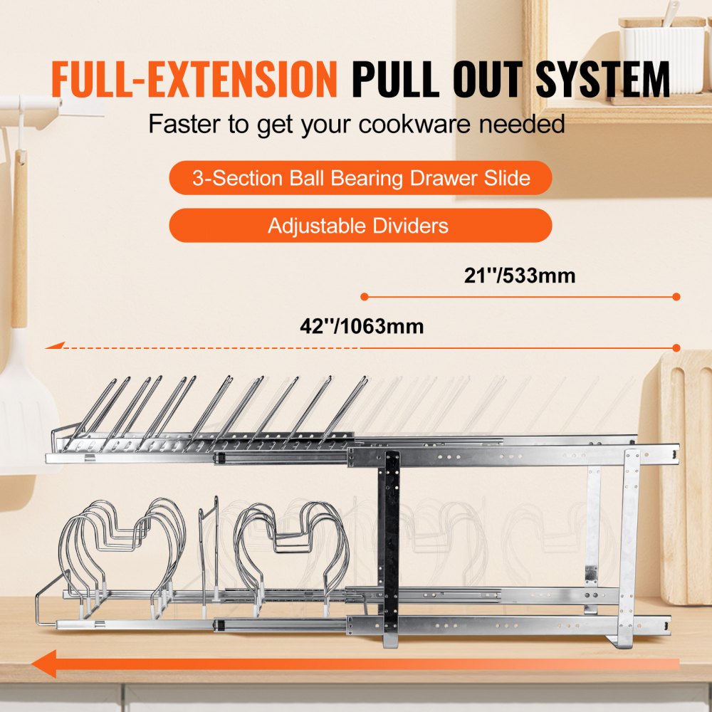 VEVOR Pan and Pot Rack, 2-Tier Expandable Pull Out Under Cabinet Organizer, Cookie Sheet Baking Pans Tray Racks, Adjustable Wire Dividers, Steel Lid Holder for Kitchen Cabinet & Pantry Storage, 12