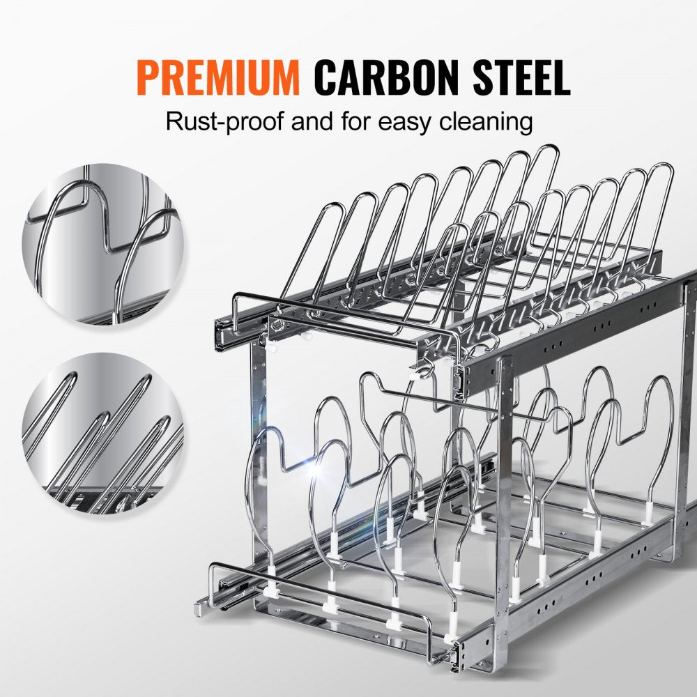 VEVOR Pan and Pot Rack, 2-Tier Expandable Pull Out Under Cabinet Organizer, Cookie Sheet Baking Pans Tray Racks, Adjustable Wire Dividers, Steel Lid Holder for Kitchen Cabinet & Pantry Storage, 12