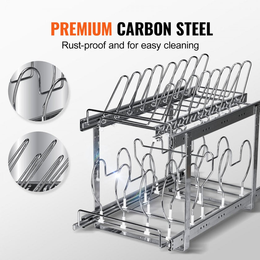 VEVOR Pan and Pot Rack, 2-Tier Expandable Pull Out Under Cabinet Organizer, Cookie Sheet Baking Pans Tray Racks, Adjustable Wire Dividers, Steel Lid Holder for Kitchen Cabinet & Pantry Storage, 12