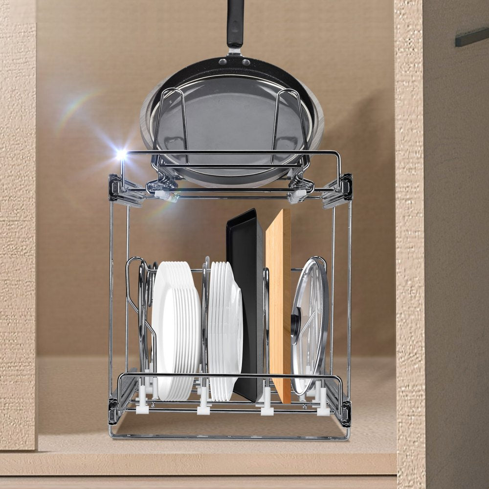 VEVOR Pan and Pot Rack, 2-Tier Expandable Pull Out Under Cabinet Organizer, Cookie Sheet Baking Pans Tray Racks, Adjustable Wire Dividers, Steel Lid Holder for Kitchen Cabinet & Pantry Storage, 12