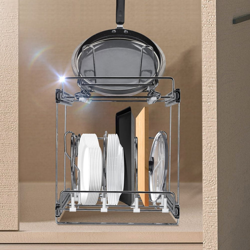 VEVOR Pan and Pot Rack, 2-Tier Expandable Pull Out Under Cabinet Organizer, Cookie Sheet Baking Pans Tray Racks, Adjustable Wire Dividers, Steel Lid Holder for Kitchen Cabinet & Pantry Storage, 12