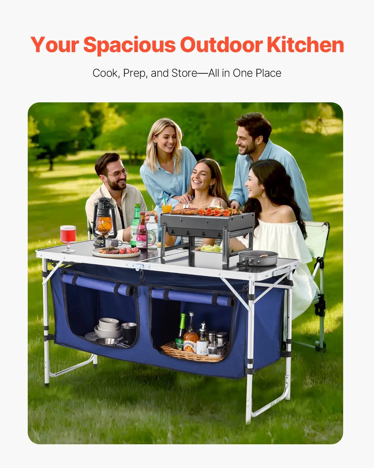 VEVOR Camping Kitchen Table Folding Portable Cook Station 3 Adjustable Heights