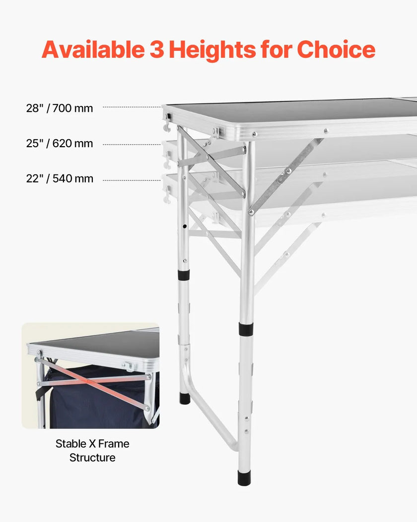 VEVOR Camping Kitchen Table Folding Portable Cook Station 3 Adjustable Heights