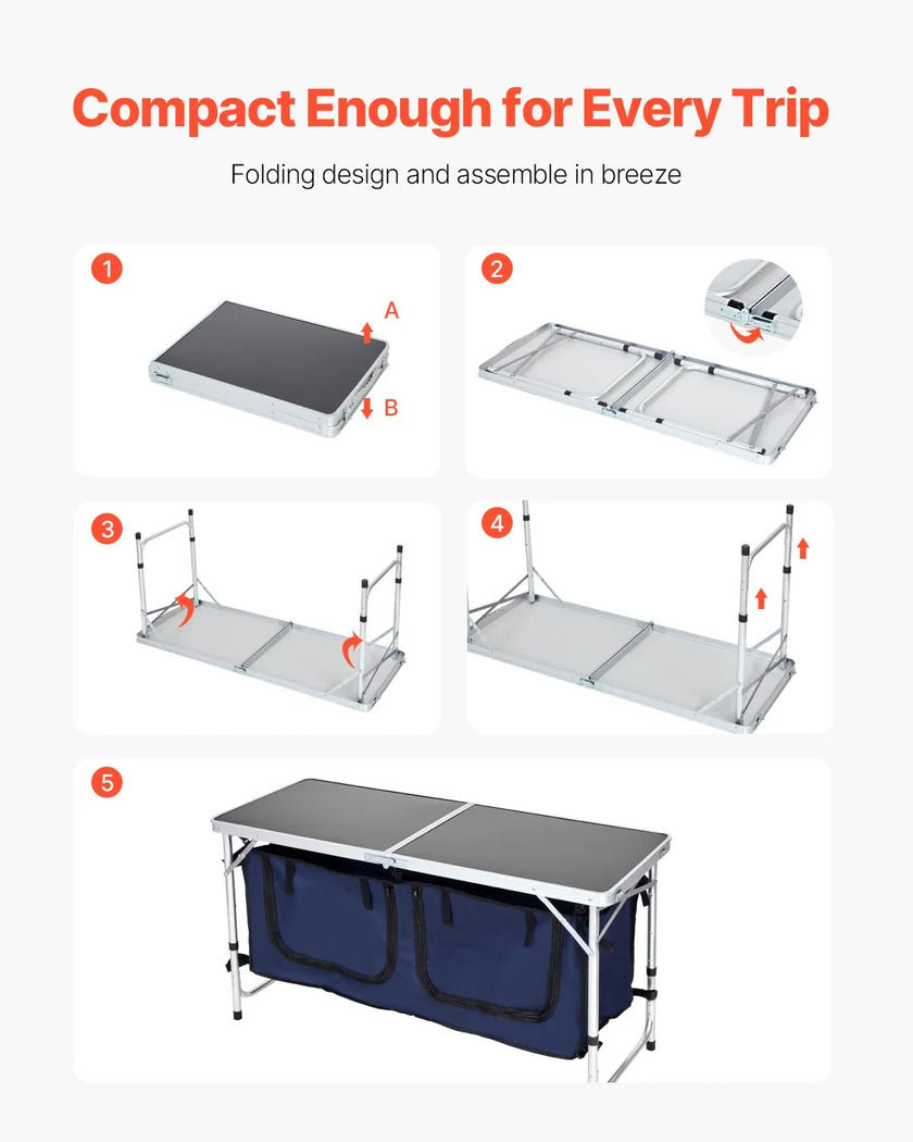 VEVOR Camping Kitchen Table Folding Portable Cook Station 3 Adjustable Heights