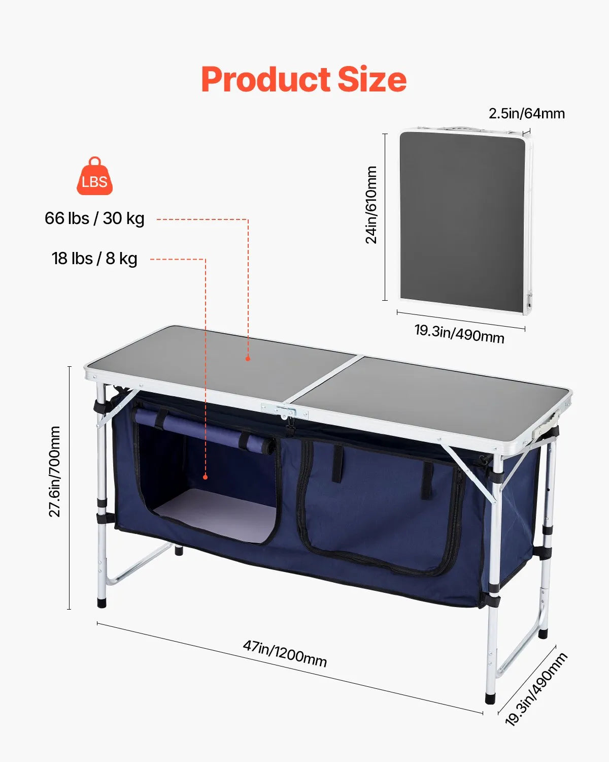 VEVOR Camping Kitchen Table Folding Portable Cook Station 3 Adjustable Heights