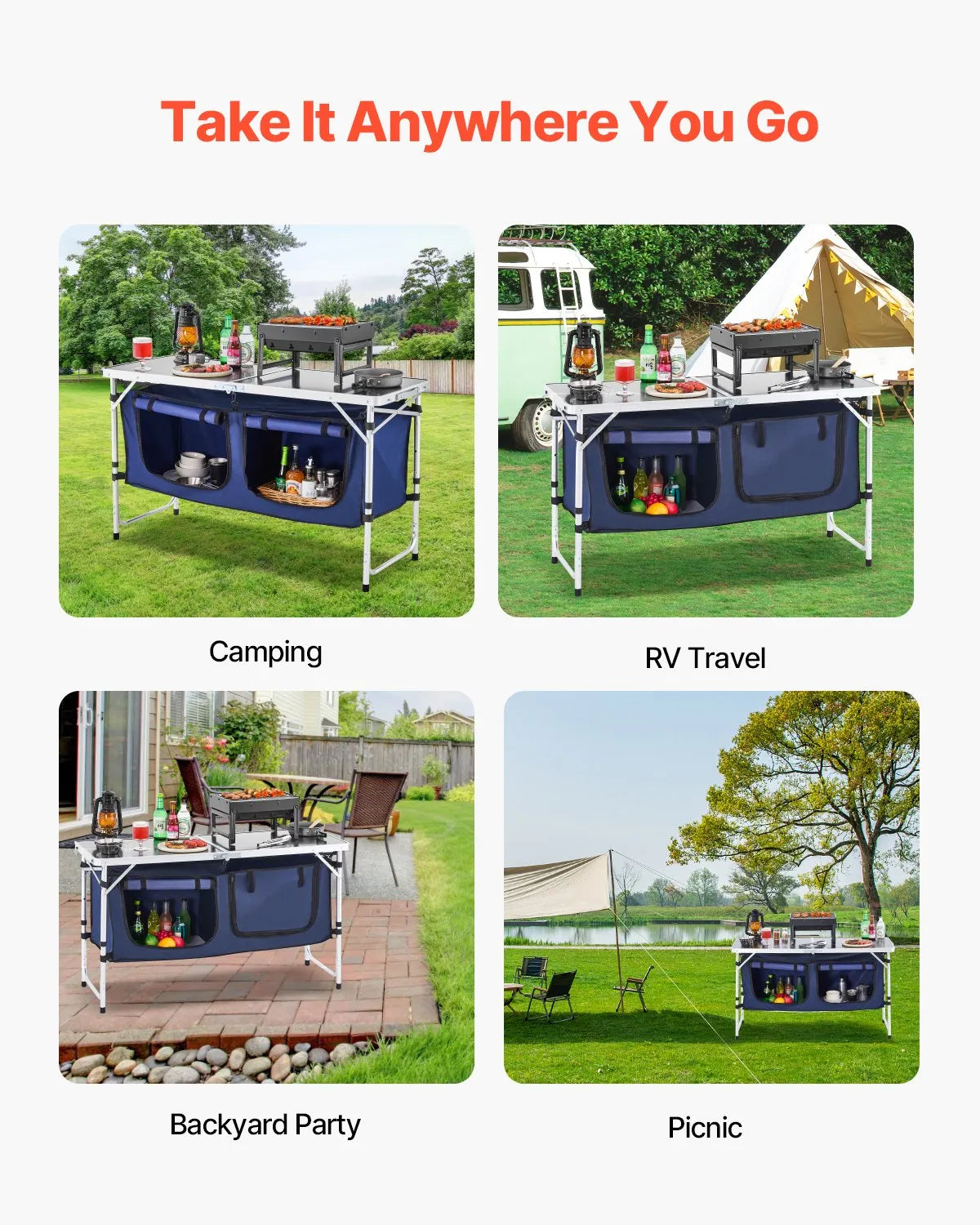 VEVOR Camping Kitchen Table Folding Portable Cook Station 3 Adjustable Heights