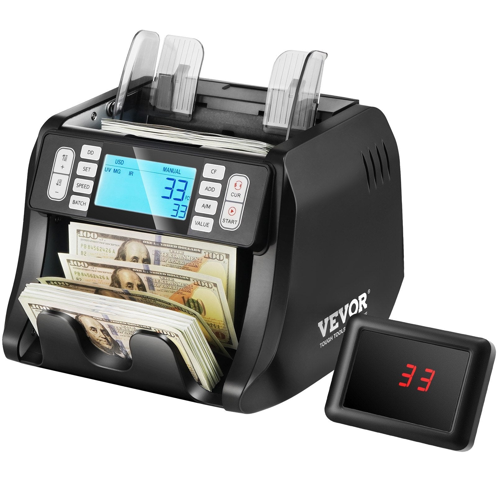 VEVOR Money Counter Machine, Bill Counter with UV, MG, IR and DD Counterfeit Detection, USD & EUR Cash Counting Machine with Add and Batch Modes, Large LCD & External Display, Not applicable to Canadian dollars