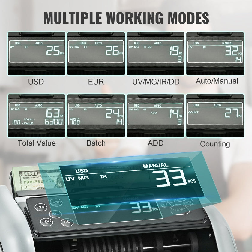 VEVOR Money Counter Machine, Bill Counter with UV, MG, IR and DD Counterfeit Detection, USD & EUR Cash Counting Machine with Large LCD & External Display for Small Business?Not applicable to Canadian dollars