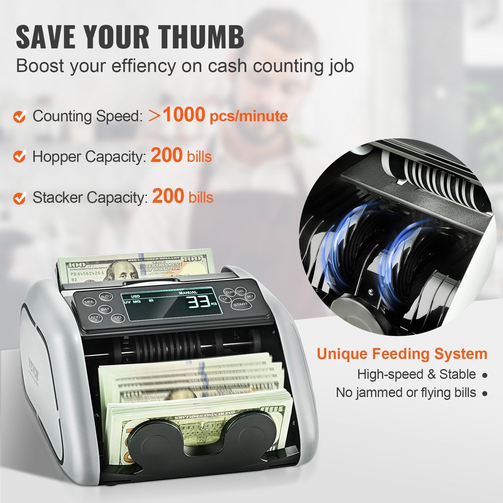 VEVOR Money Counter Machine, Bill Counter with UV, MG, IR and DD Counterfeit Detection, USD & EUR Cash Counting Machine with Large LCD & External Display for Small Business?Not applicable to Canadian dollars
