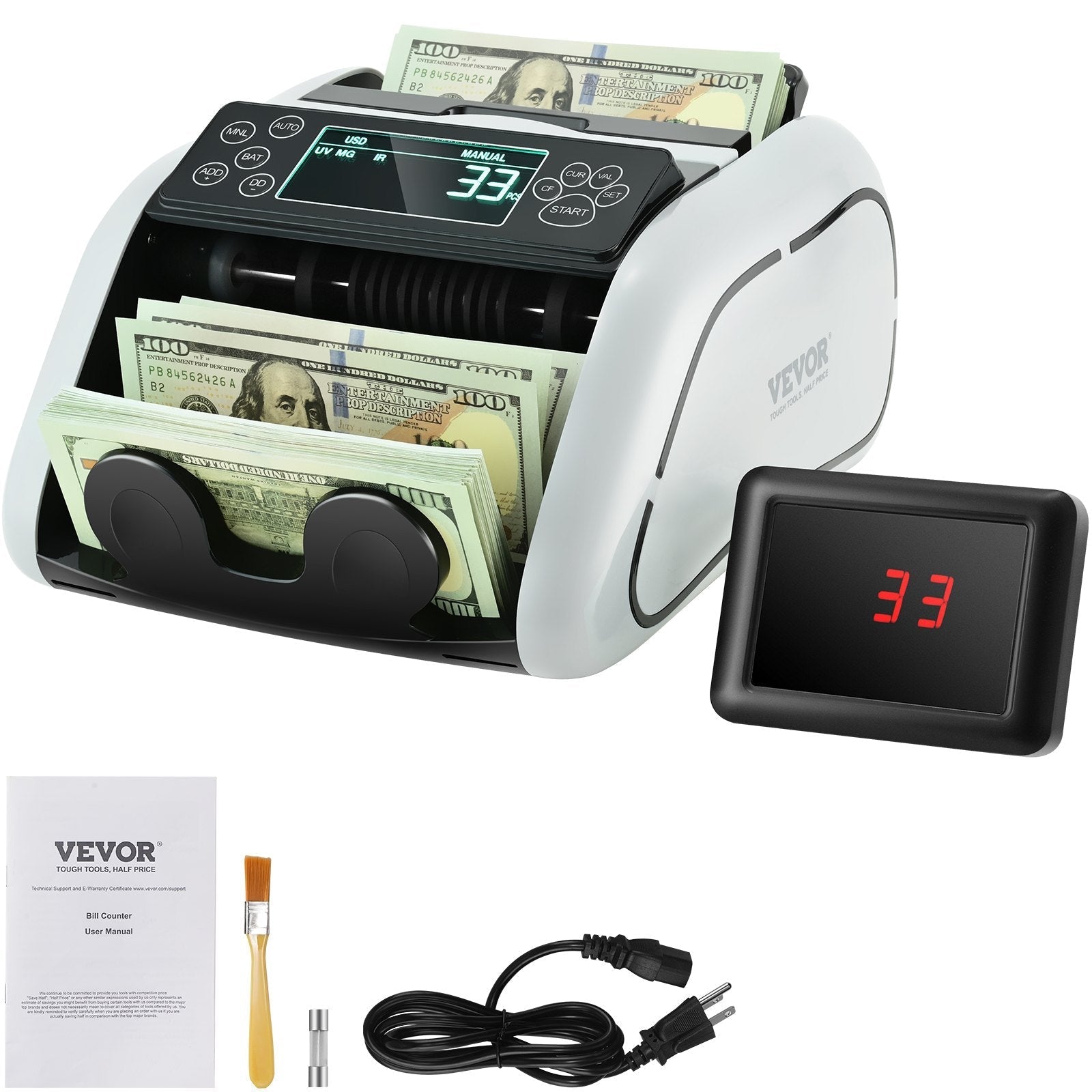 VEVOR Money Counter Machine, Bill Counter with UV, MG, IR and DD Counterfeit Detection, USD & EUR Cash Counting Machine with Large LCD & External Display for Small Business?Not applicable to Canadian dollars
