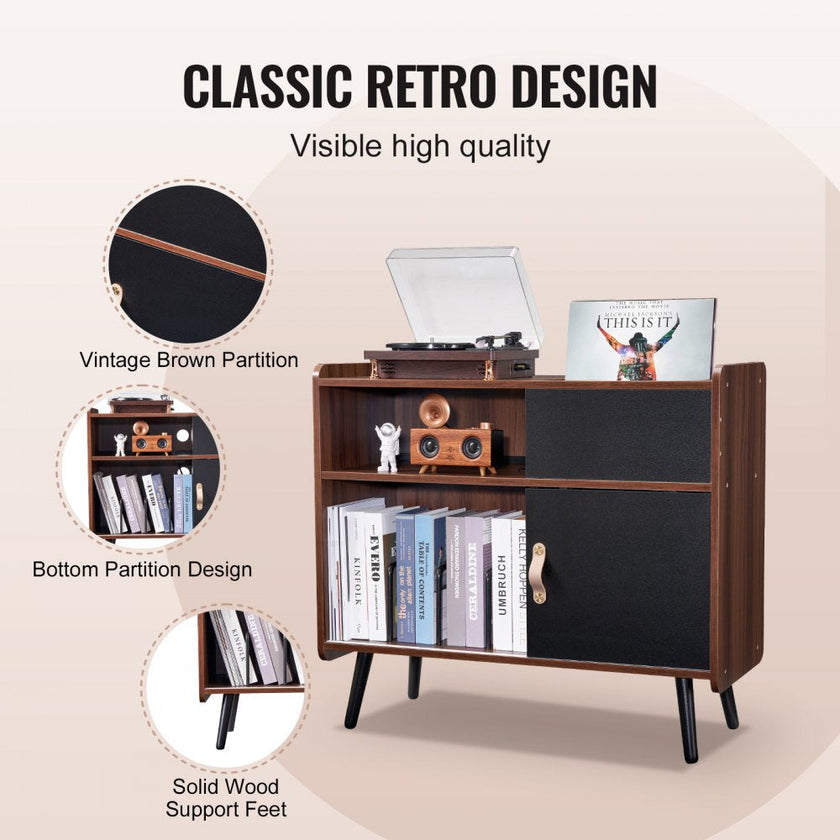 VEVOR Record Player Stand 3-Tier Wooden Turntable Stand Sliding Door Power Strip