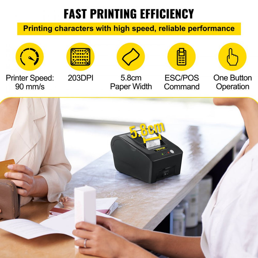 VEVOR Printer Receipt, 58mm Thermal Printer, ESC/POS Command Thermal Receipt Printer, Portable for Bank, Supermarket, Office, Restaurant Support Win 2003/XP/7/8/10 & Cashbox Driver