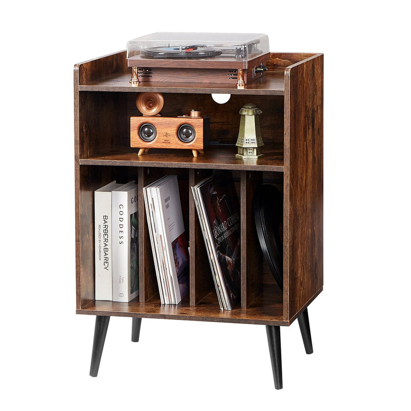 VEVOR 3-Tier Record Player with LED Light & USB Ports Wooden Vinyl Shelf Brown