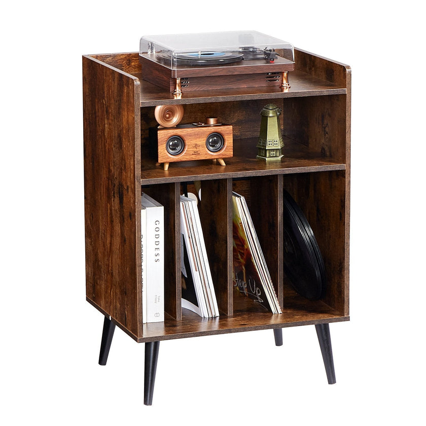 VEVOR 3-Tier Record Player with LED Light & USB Ports Wooden Vinyl Shelf Brown