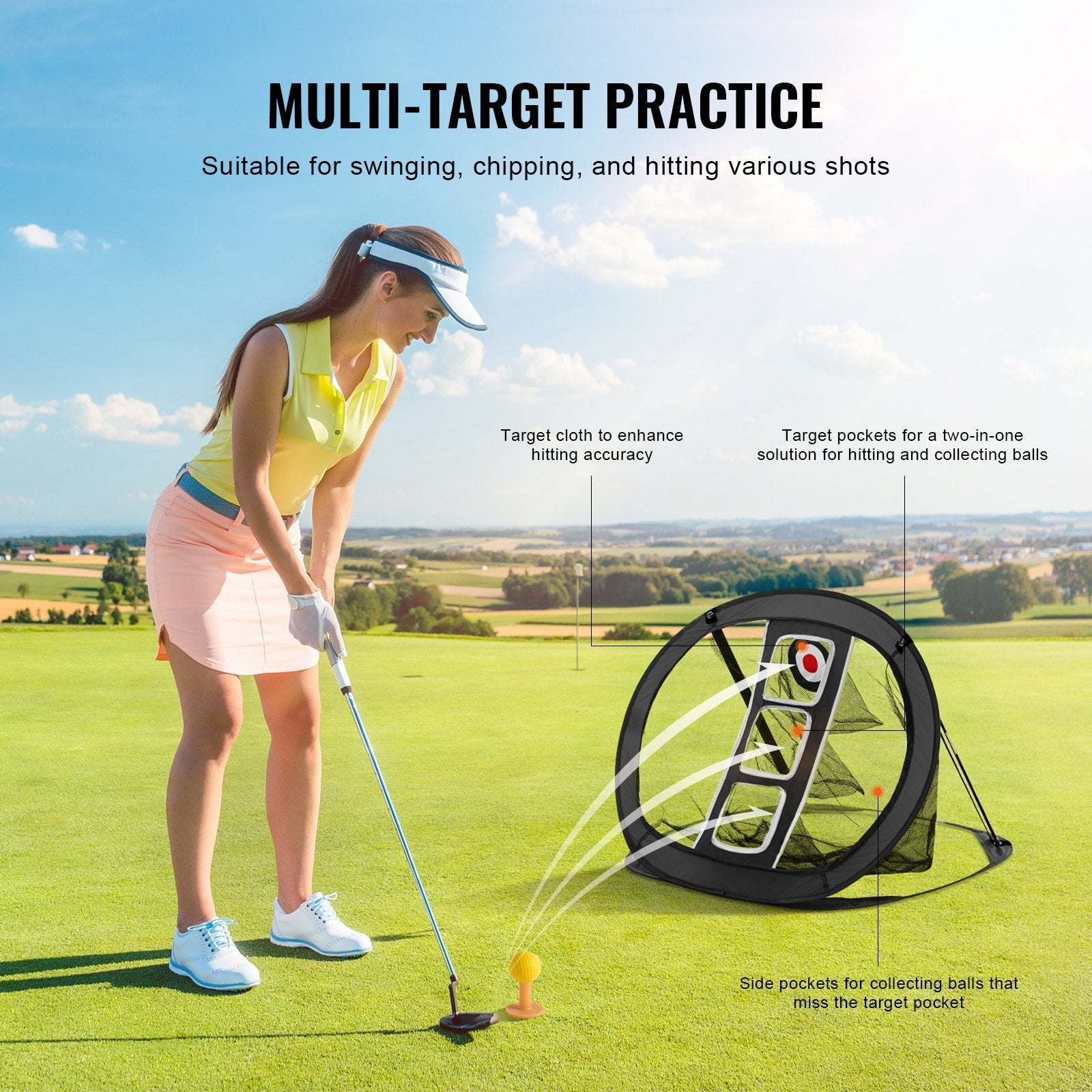 VEVOR Golf Chipping Net, Pop Up Golf Practice Net, Portable Indoor Outdoor Home Golf Hitting Aid Net with Target/Mat/Balls/Tee/Carry Bag, for Backyard Driving Training Swing, Gift for Men, Black