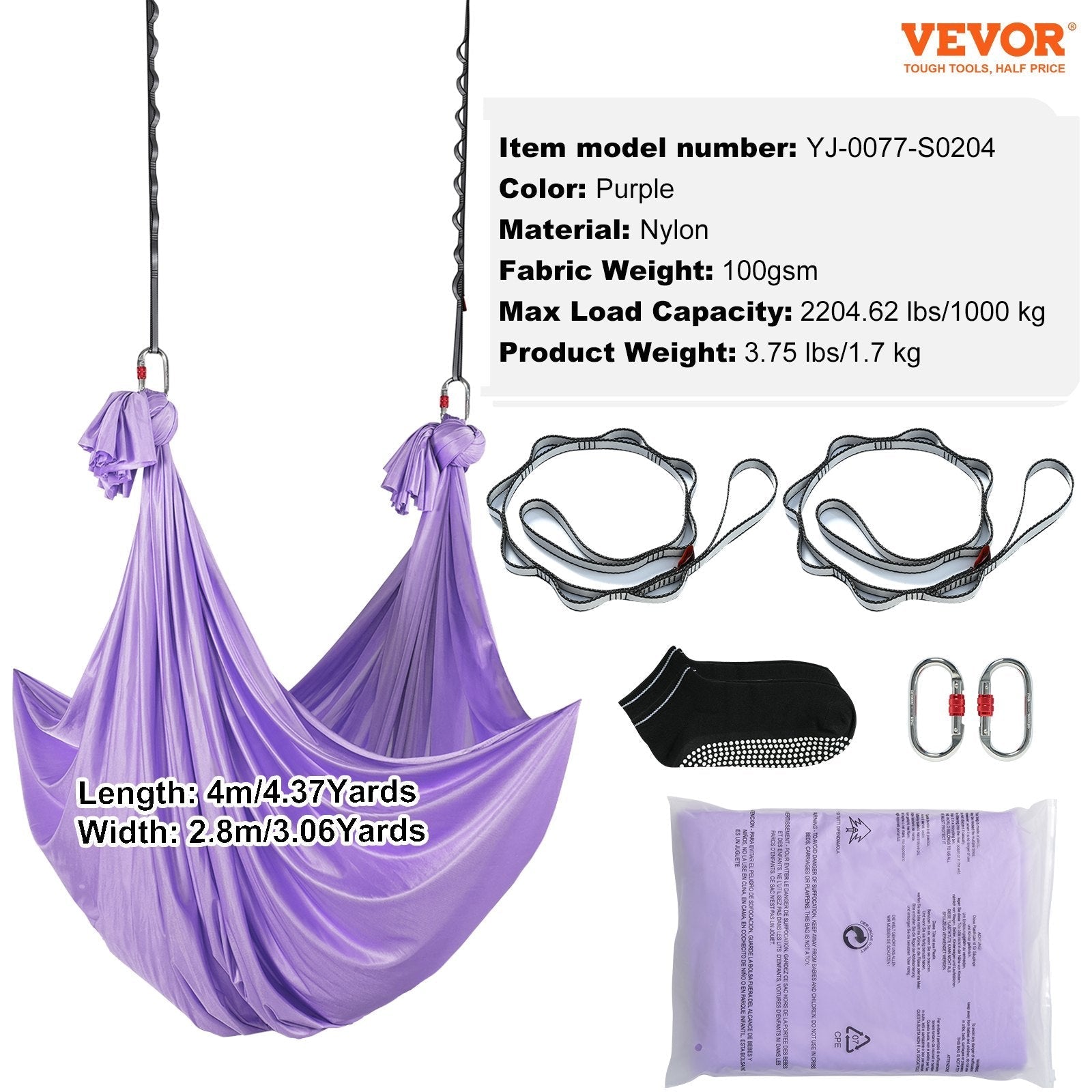 VEVOR Aerial Yoga Hammock & Swing, 4.4 Yards, Yoga Starter Kit with 100gsm Nylon Fabric, Full Rigging Hardware and Easy Set-up Guide, Antigravity Flying for All Levels Fitness Bodybuilding, Purple