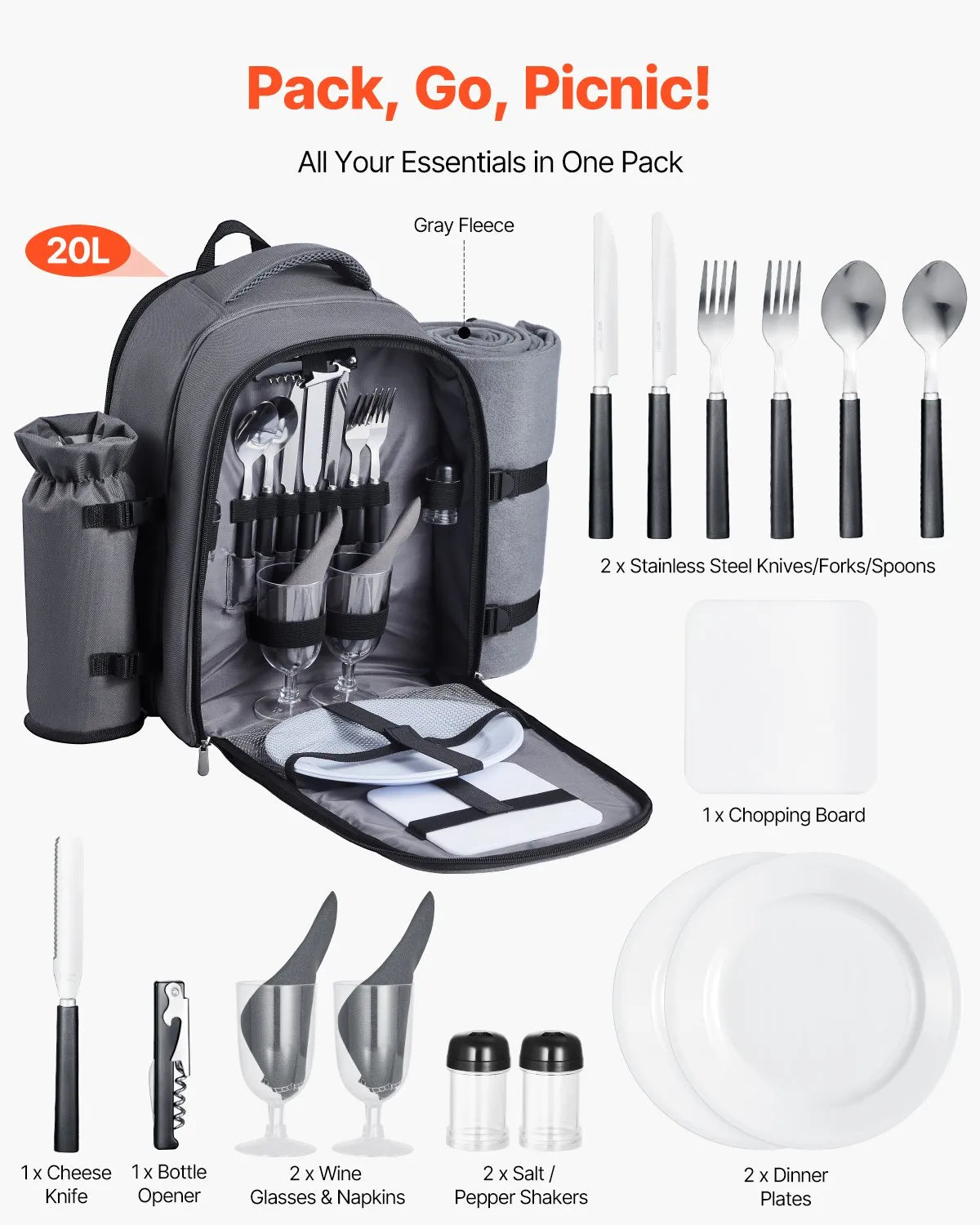 VEVOR Beach Picnic Backpack Bag for 2 Person with Cooler Compartment Grey