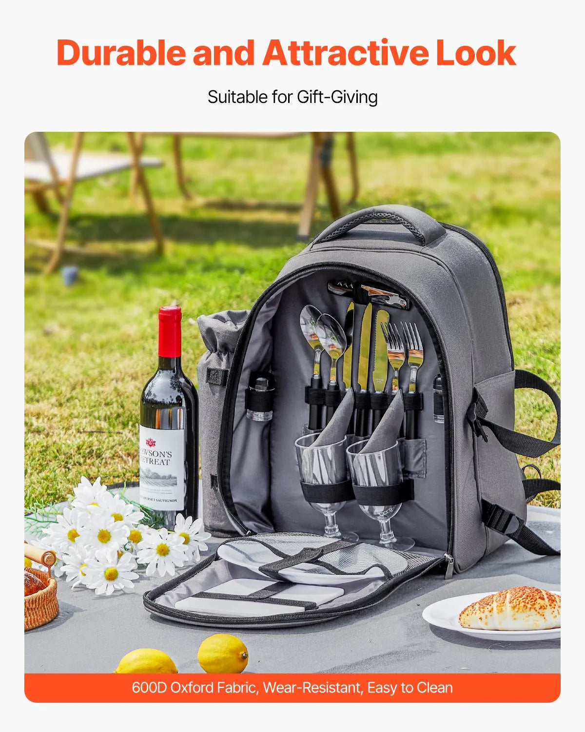 VEVOR Beach Picnic Backpack Bag for 2 Person with Cooler Compartment Grey