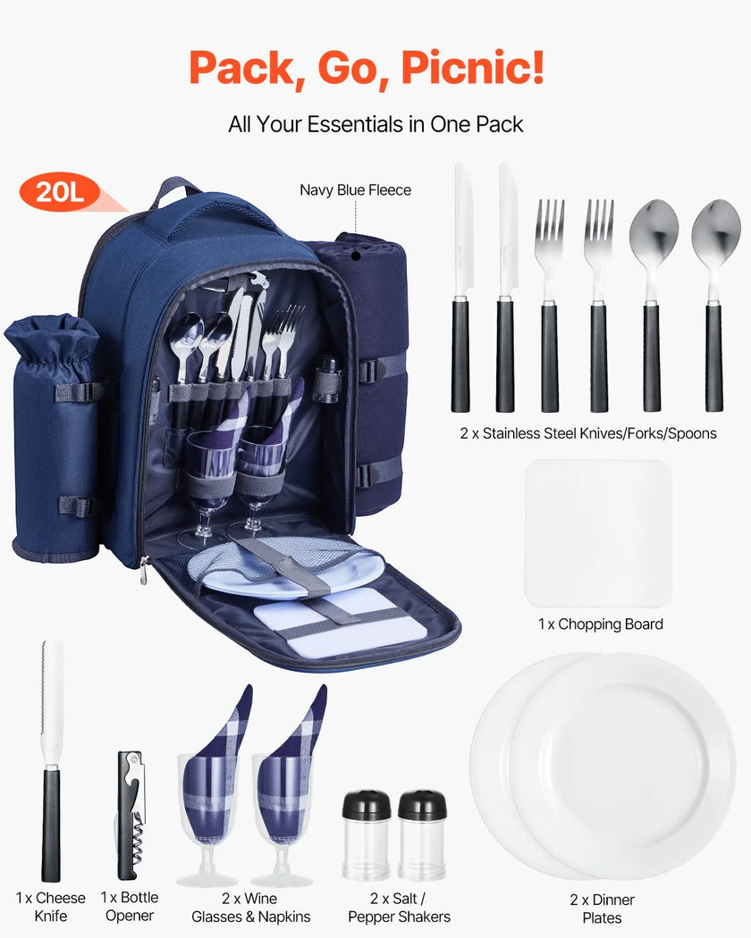 VEVOR Beach Picnic Backpack Bag for 2 Person with Cooler Compartment Navy Blue