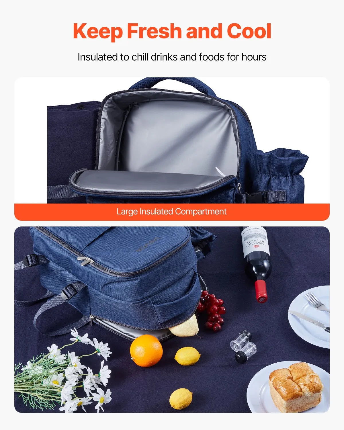VEVOR Beach Picnic Backpack Bag for 2 Person with Cooler Compartment Navy Blue