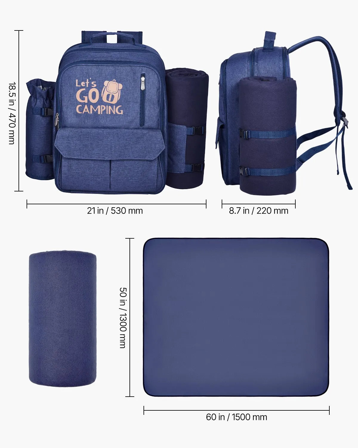 VEVOR Beach Picnic Backpack Bag for 4 Person with Cooler Compartment Navy Blue
