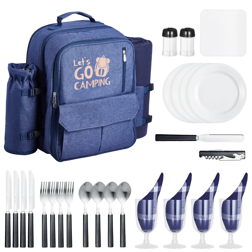 VEVOR Beach Picnic Backpack Bag for 4 Person with Cooler Compartment Navy Blue
