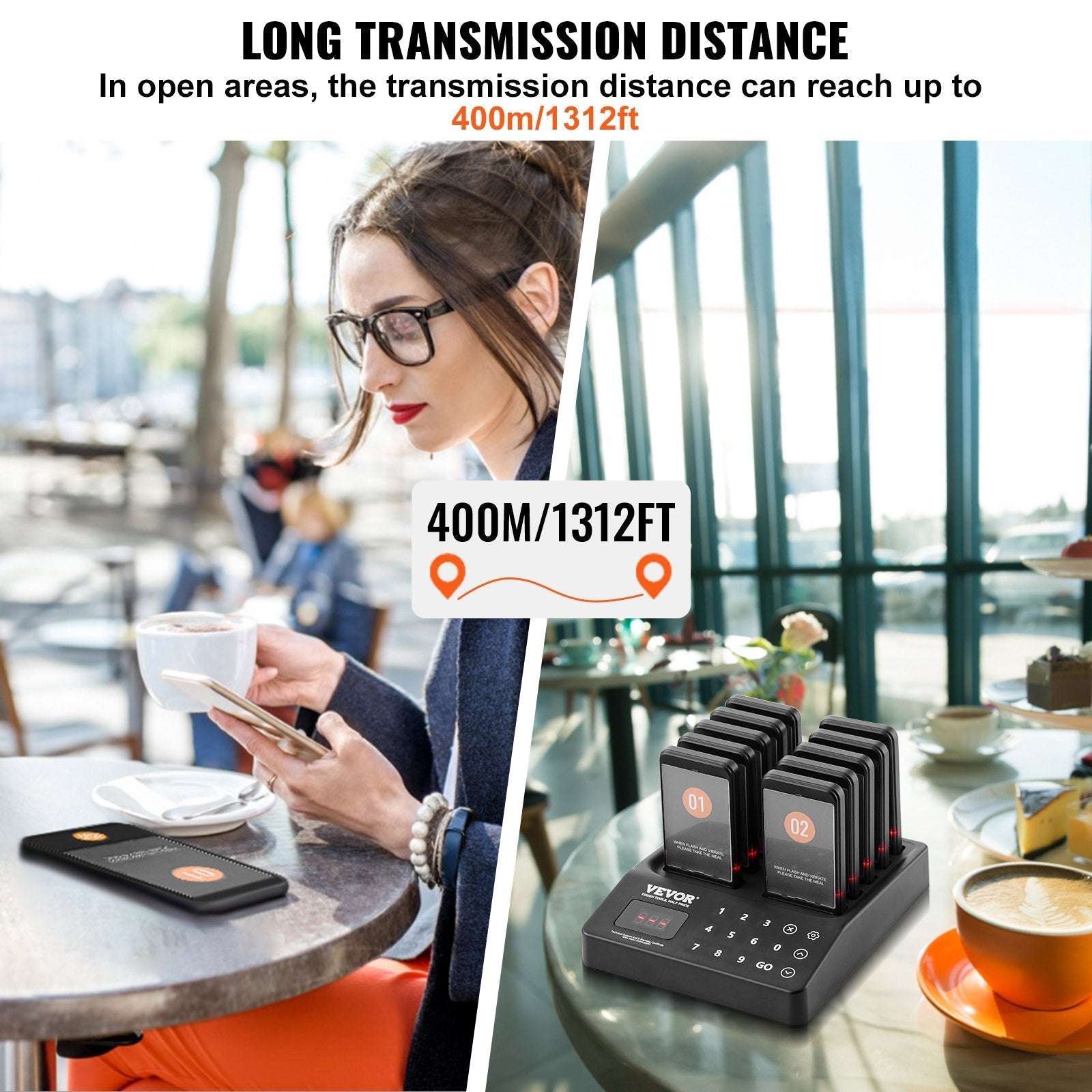 VEVOR Restaurant Pager System, Wireless 400m Long Range Lineup Waiting Queue Signal, Guest Customer Calling Beepers with Vibration & Flashing, 20 Buzzers for Food Truck, Church, Nursery, Hospital
